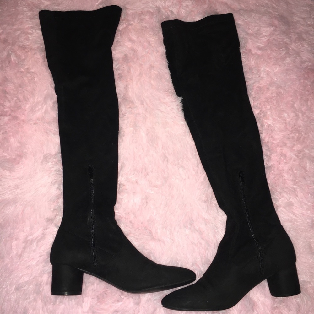Over the knee black suede block heeled boots